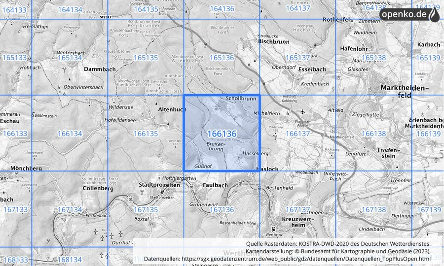 Übersichtskarte des KOSTRA-DWD-2020-Rasterfeldes Nr. 166136
