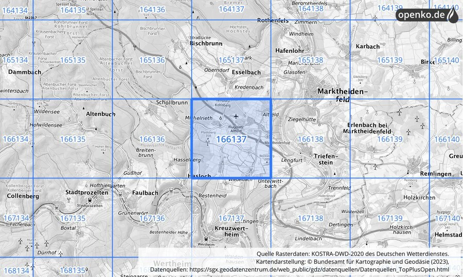 Übersichtskarte des KOSTRA-DWD-2020-Rasterfeldes Nr. 166137