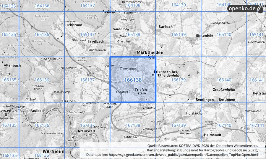 Übersichtskarte des KOSTRA-DWD-2020-Rasterfeldes Nr. 166138