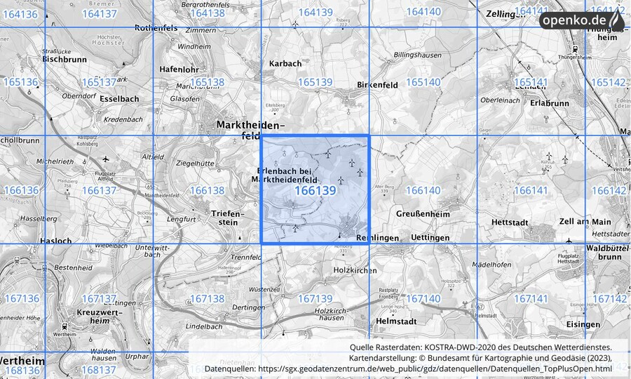 Übersichtskarte des KOSTRA-DWD-2020-Rasterfeldes Nr. 166139