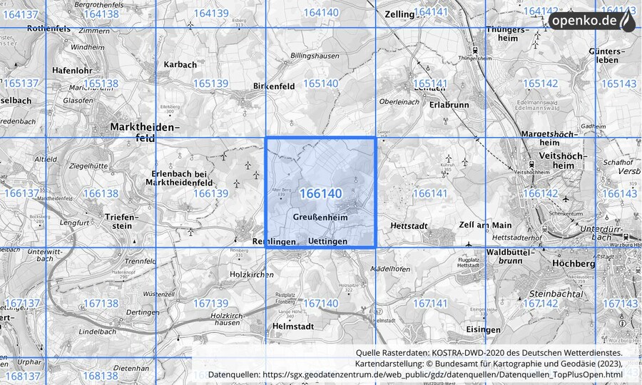 Übersichtskarte des KOSTRA-DWD-2020-Rasterfeldes Nr. 166140