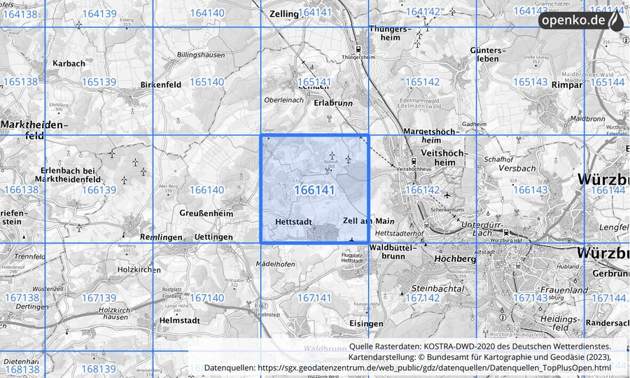 Übersichtskarte des KOSTRA-DWD-2020-Rasterfeldes Nr. 166141