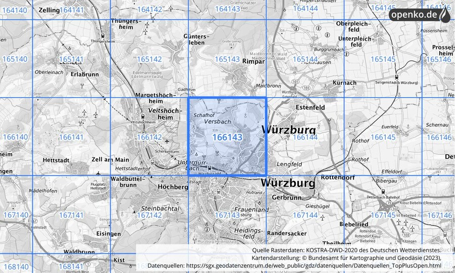 Übersichtskarte des KOSTRA-DWD-2020-Rasterfeldes Nr. 166143