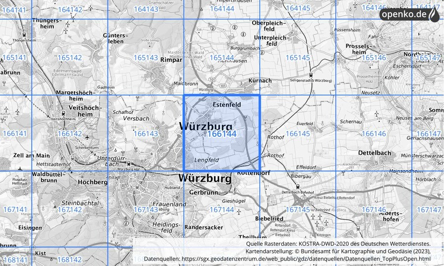 Übersichtskarte des KOSTRA-DWD-2020-Rasterfeldes Nr. 166144