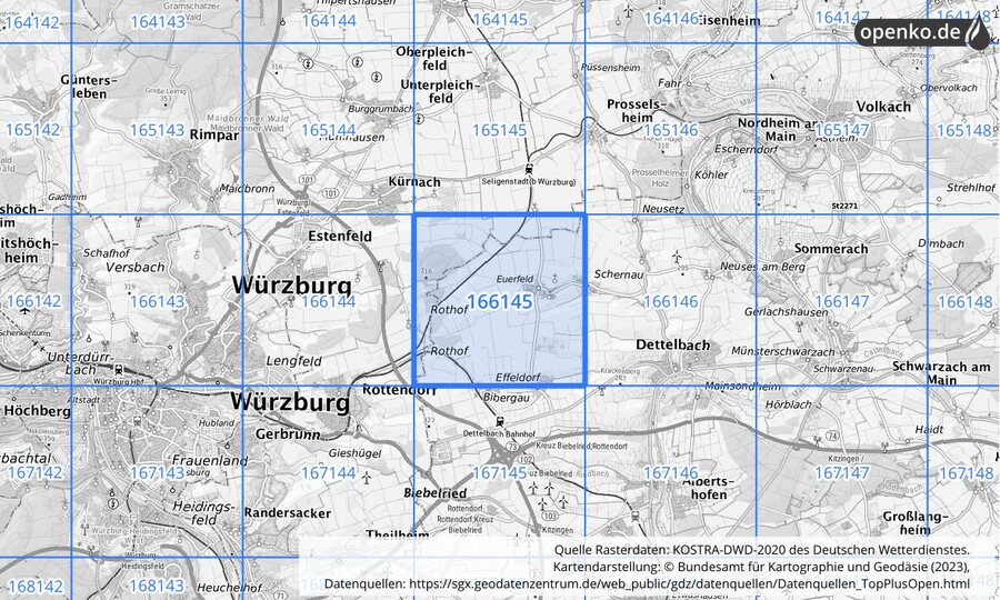 Übersichtskarte des KOSTRA-DWD-2020-Rasterfeldes Nr. 166145