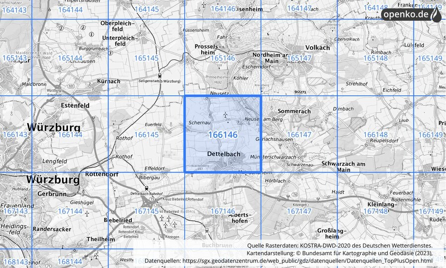 Übersichtskarte des KOSTRA-DWD-2020-Rasterfeldes Nr. 166146