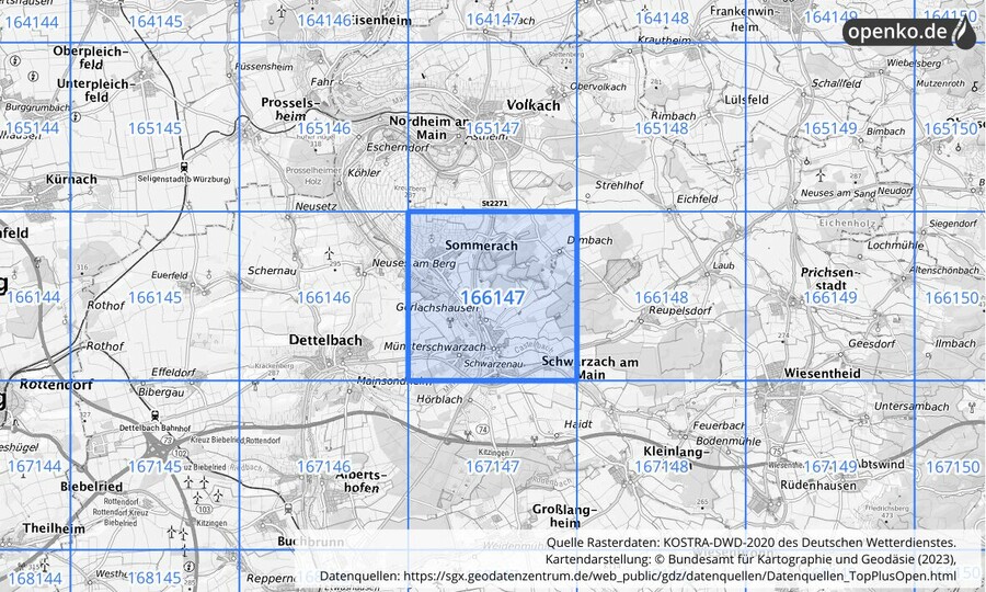 Übersichtskarte des KOSTRA-DWD-2020-Rasterfeldes Nr. 166147