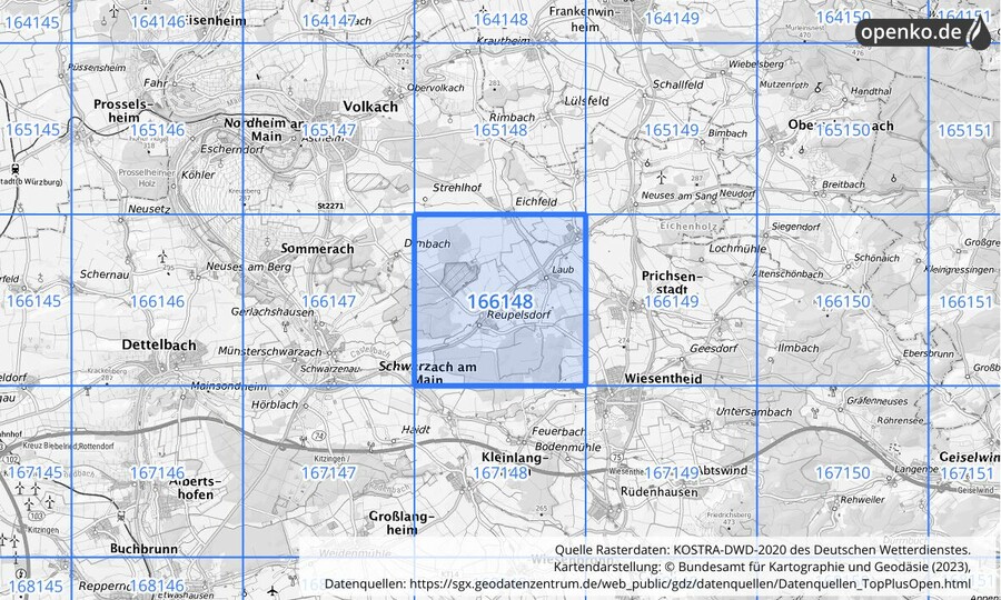Übersichtskarte des KOSTRA-DWD-2020-Rasterfeldes Nr. 166148