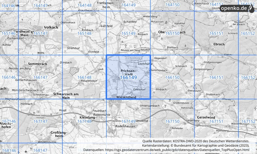 Übersichtskarte des KOSTRA-DWD-2020-Rasterfeldes Nr. 166149
