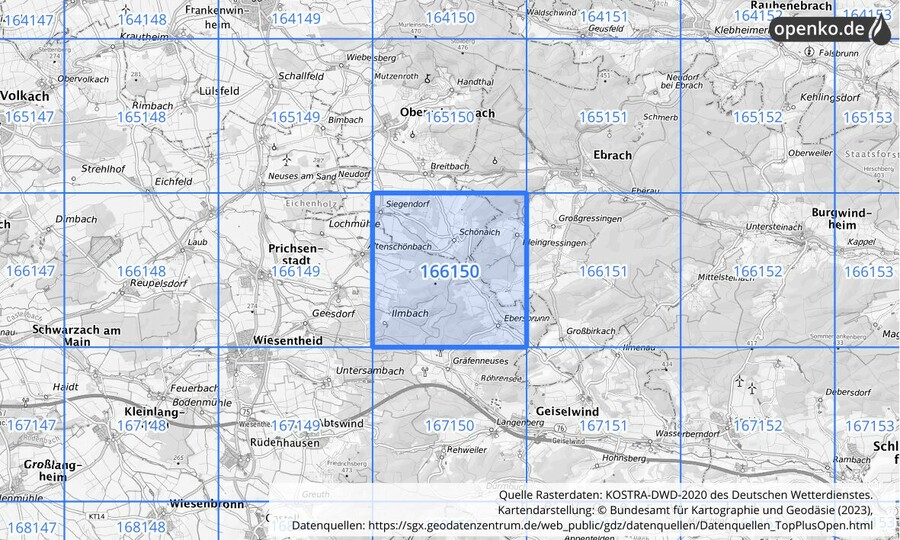 Übersichtskarte des KOSTRA-DWD-2020-Rasterfeldes Nr. 166150