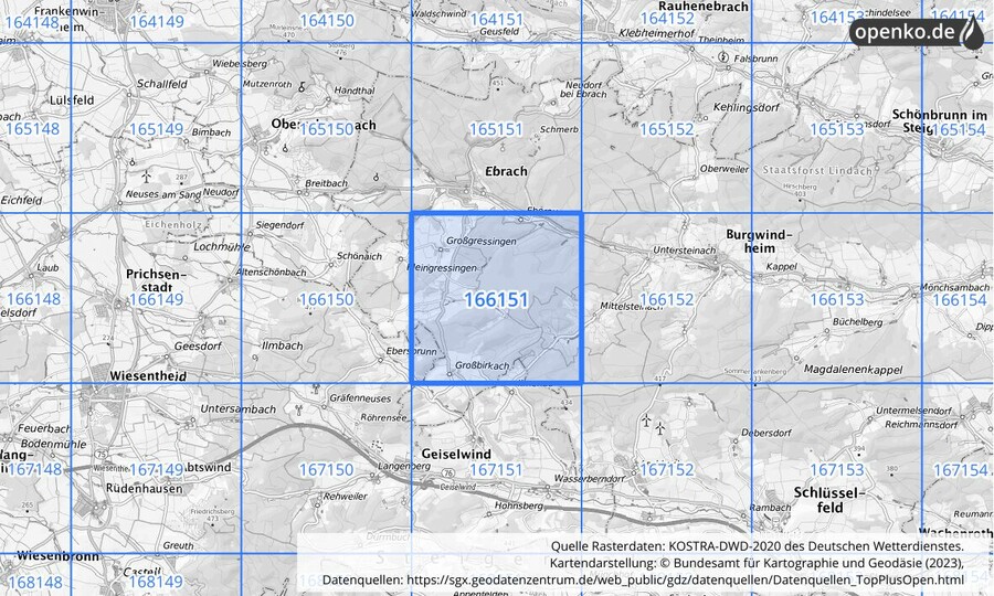 Übersichtskarte des KOSTRA-DWD-2020-Rasterfeldes Nr. 166151