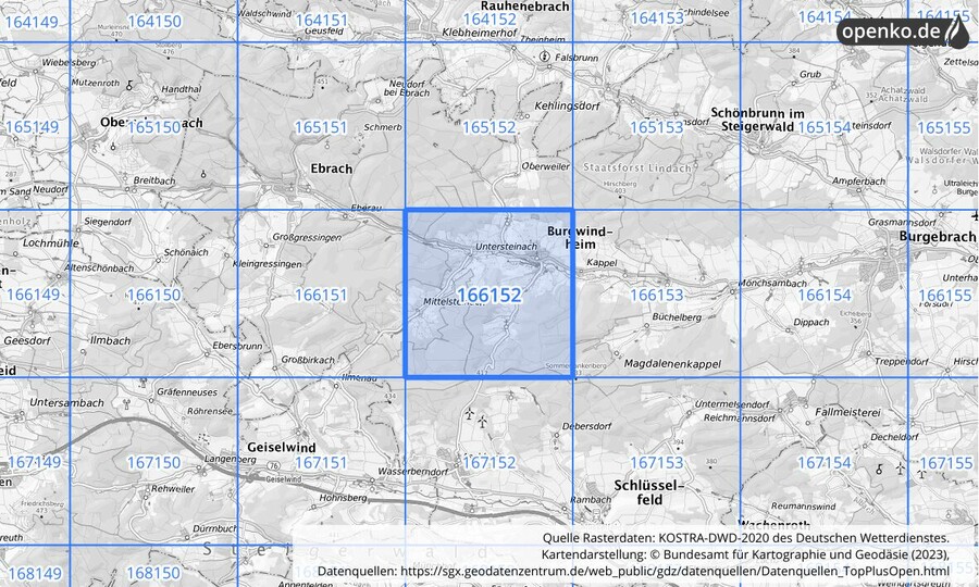 Übersichtskarte des KOSTRA-DWD-2020-Rasterfeldes Nr. 166152