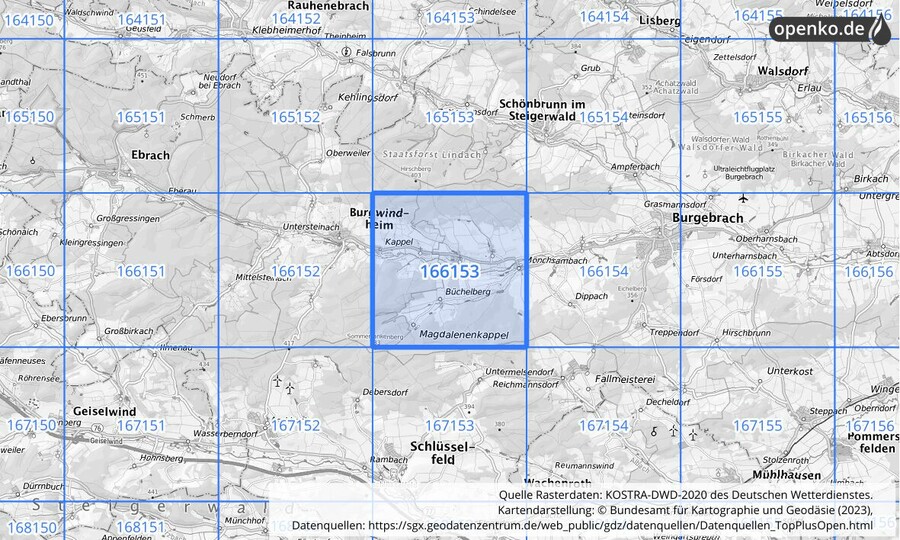 Übersichtskarte des KOSTRA-DWD-2020-Rasterfeldes Nr. 166153