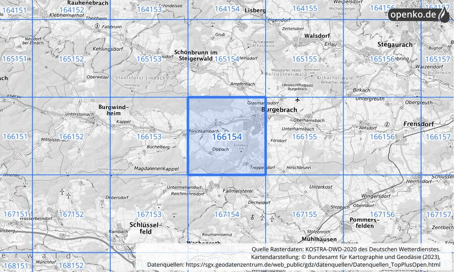 Übersichtskarte des KOSTRA-DWD-2020-Rasterfeldes Nr. 166154