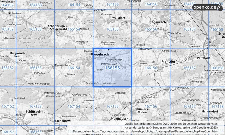 Übersichtskarte des KOSTRA-DWD-2020-Rasterfeldes Nr. 166155