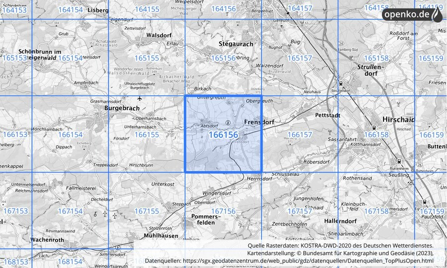 Übersichtskarte des KOSTRA-DWD-2020-Rasterfeldes Nr. 166156