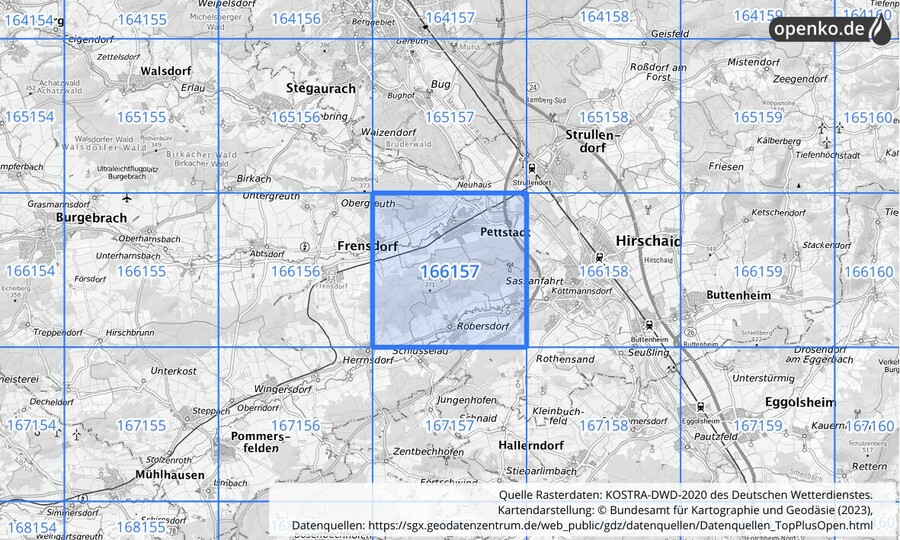 Übersichtskarte des KOSTRA-DWD-2020-Rasterfeldes Nr. 166157