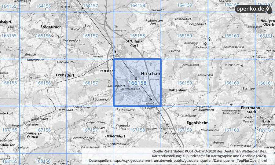 Übersichtskarte des KOSTRA-DWD-2020-Rasterfeldes Nr. 166158