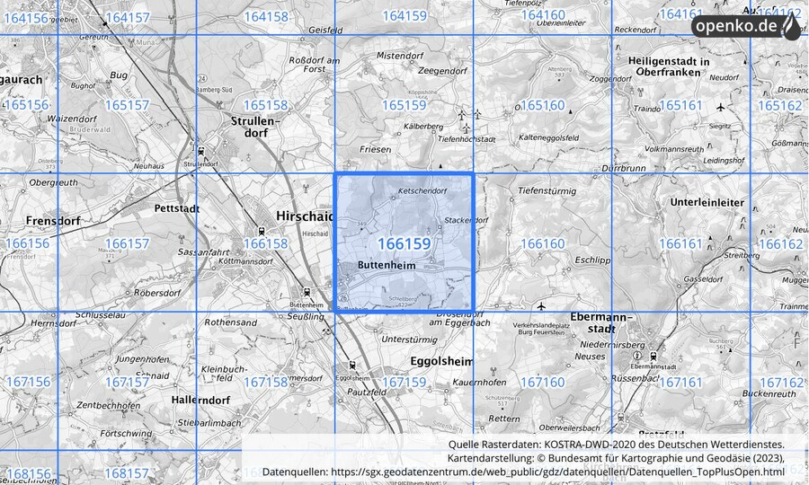 Übersichtskarte des KOSTRA-DWD-2020-Rasterfeldes Nr. 166159