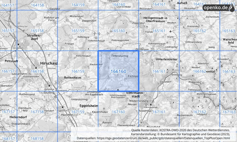 Übersichtskarte des KOSTRA-DWD-2020-Rasterfeldes Nr. 166160