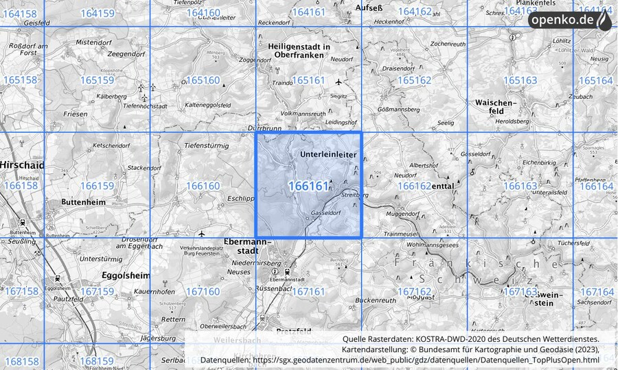 Übersichtskarte des KOSTRA-DWD-2020-Rasterfeldes Nr. 166161