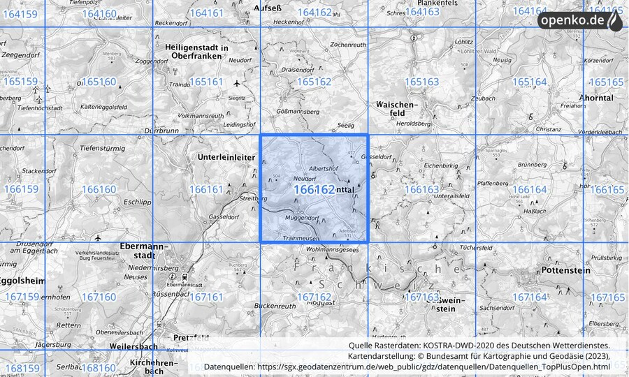 Übersichtskarte des KOSTRA-DWD-2020-Rasterfeldes Nr. 166162