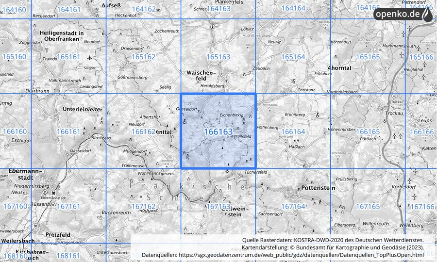 Übersichtskarte des KOSTRA-DWD-2020-Rasterfeldes Nr. 166163