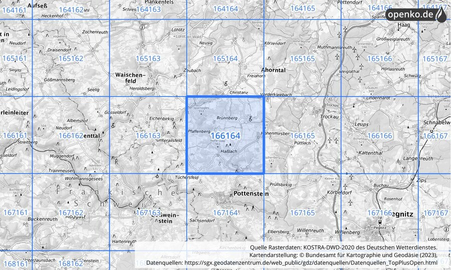 Übersichtskarte des KOSTRA-DWD-2020-Rasterfeldes Nr. 166164