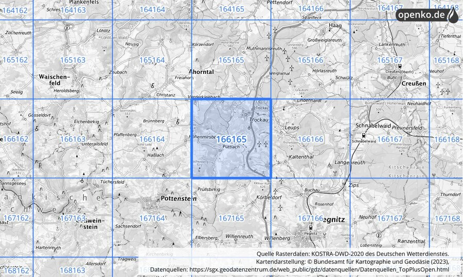 Übersichtskarte des KOSTRA-DWD-2020-Rasterfeldes Nr. 166165
