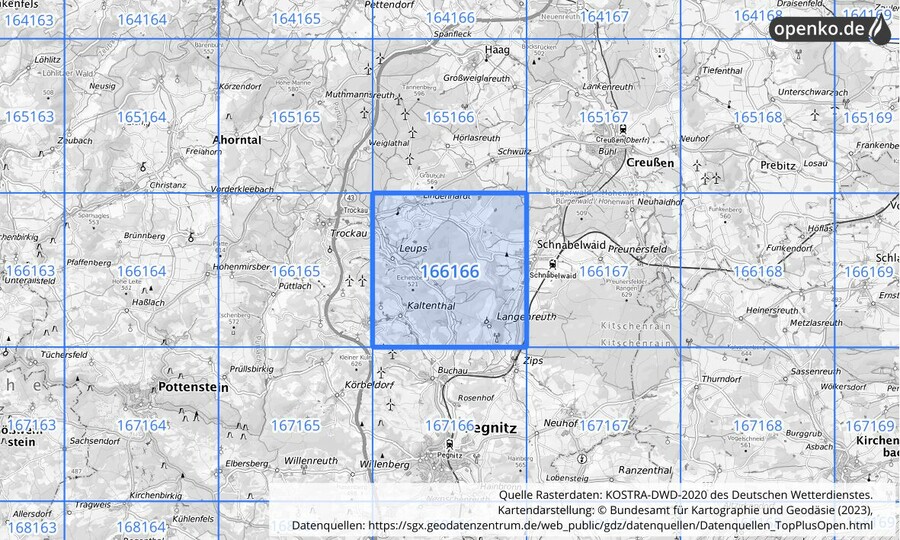 Übersichtskarte des KOSTRA-DWD-2020-Rasterfeldes Nr. 166166