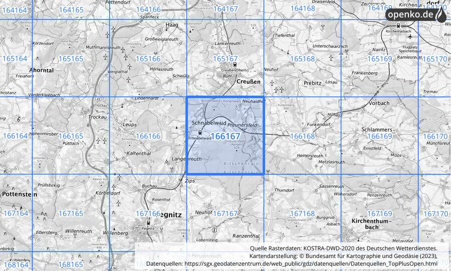 Übersichtskarte des KOSTRA-DWD-2020-Rasterfeldes Nr. 166167