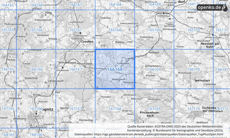 Übersichtskarte des KOSTRA-DWD-2020-Rasterfeldes Nr. 166168