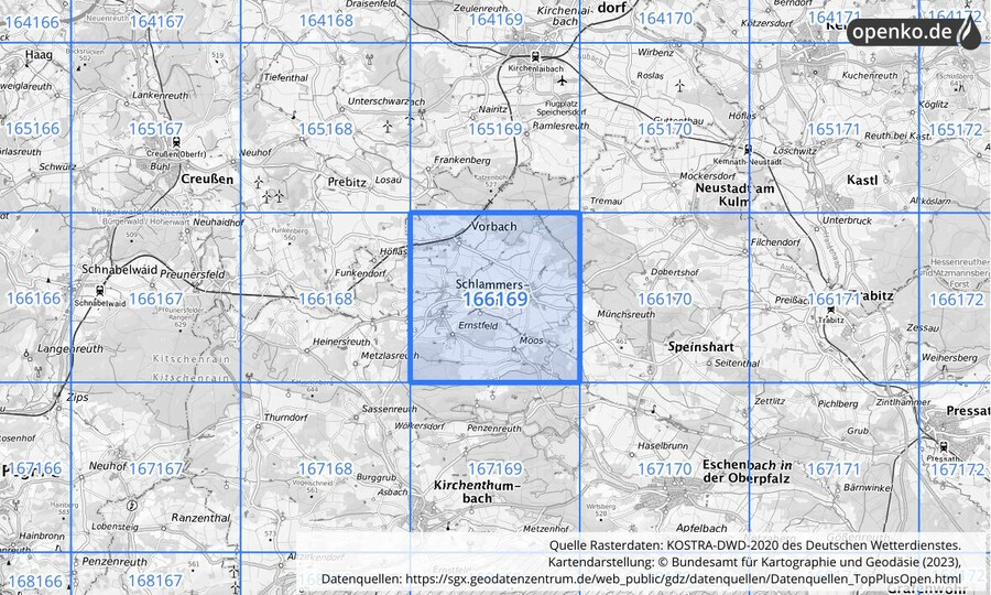 Übersichtskarte des KOSTRA-DWD-2020-Rasterfeldes Nr. 166169