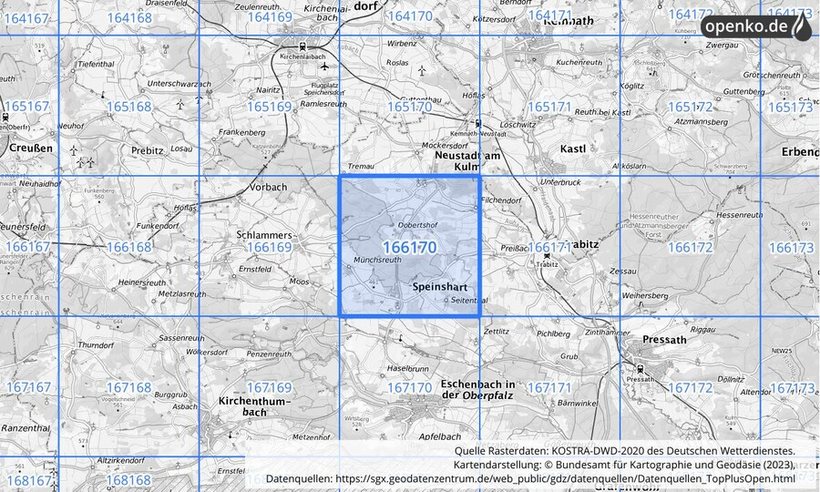 Übersichtskarte des KOSTRA-DWD-2020-Rasterfeldes Nr. 166170