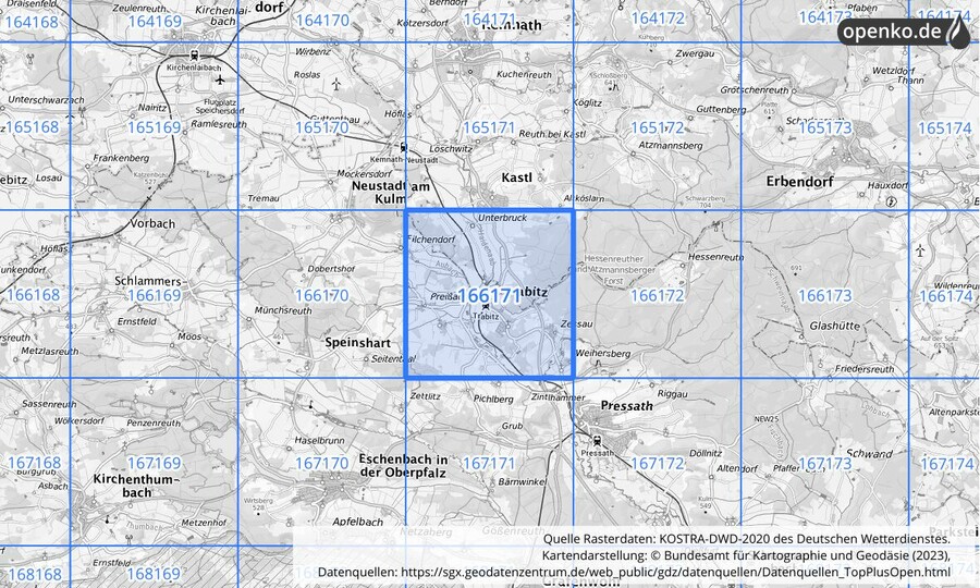 Übersichtskarte des KOSTRA-DWD-2020-Rasterfeldes Nr. 166171