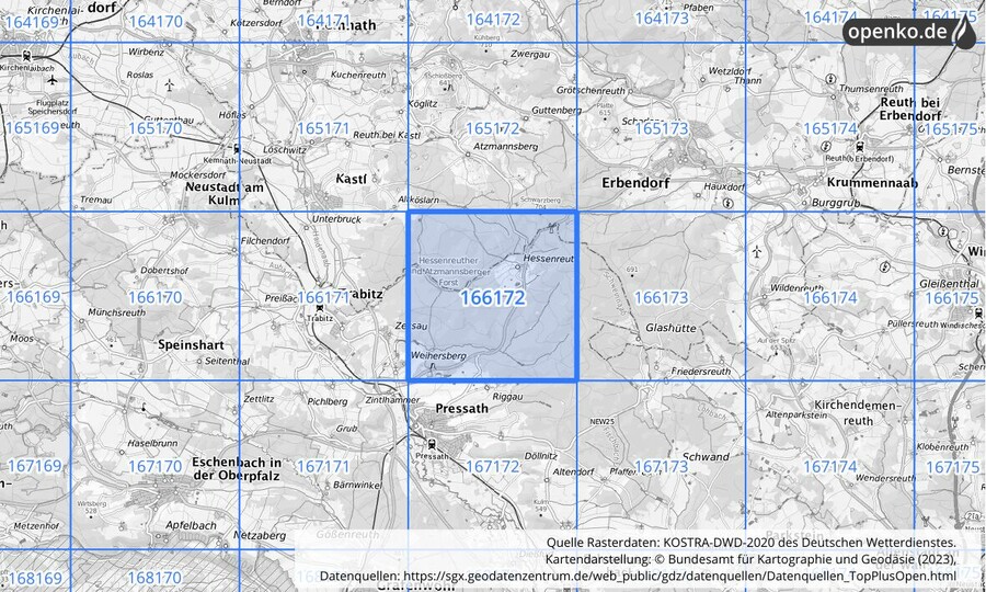 Übersichtskarte des KOSTRA-DWD-2020-Rasterfeldes Nr. 166172