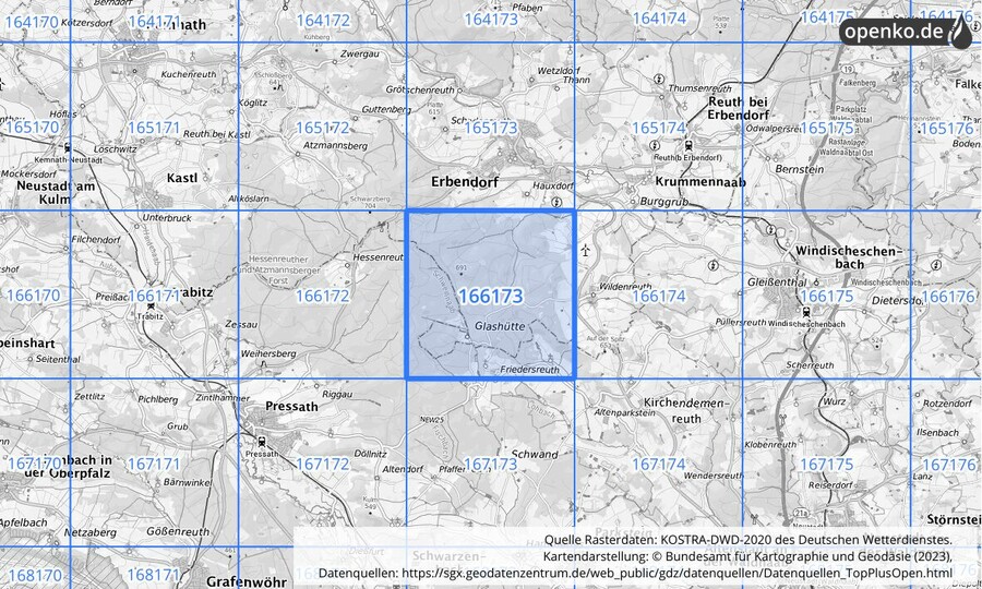 Übersichtskarte des KOSTRA-DWD-2020-Rasterfeldes Nr. 166173