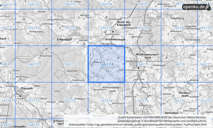 Übersichtskarte des KOSTRA-DWD-2020-Rasterfeldes Nr. 166174