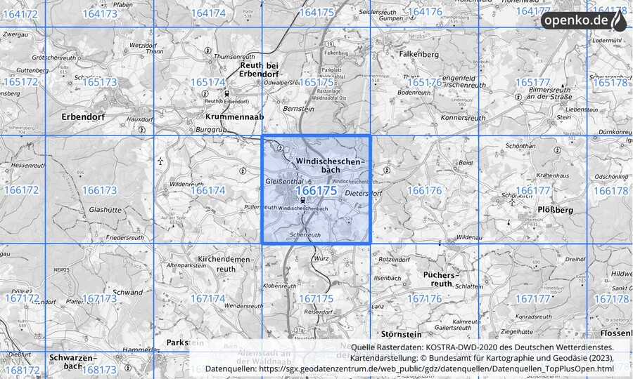 Übersichtskarte des KOSTRA-DWD-2020-Rasterfeldes Nr. 166175