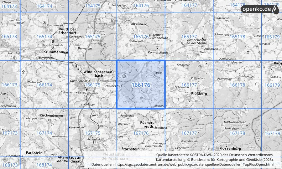 Übersichtskarte des KOSTRA-DWD-2020-Rasterfeldes Nr. 166176