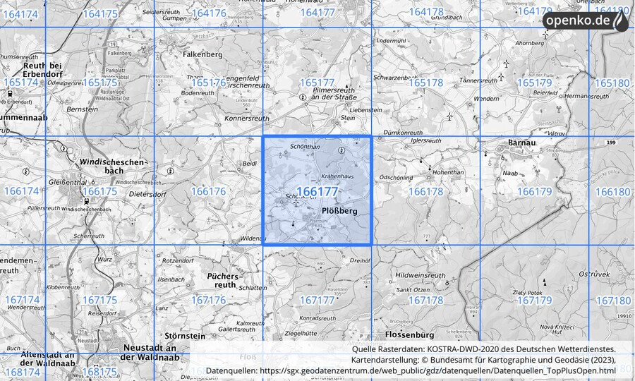 Übersichtskarte des KOSTRA-DWD-2020-Rasterfeldes Nr. 166177