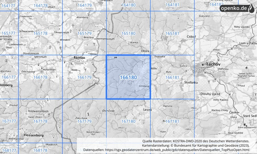 Übersichtskarte des KOSTRA-DWD-2020-Rasterfeldes Nr. 166180