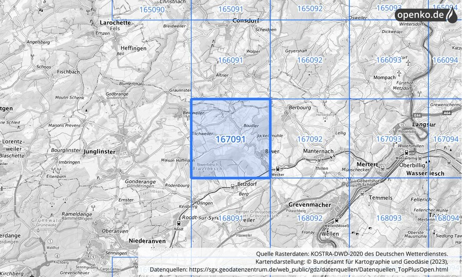 Übersichtskarte des KOSTRA-DWD-2020-Rasterfeldes Nr. 167091