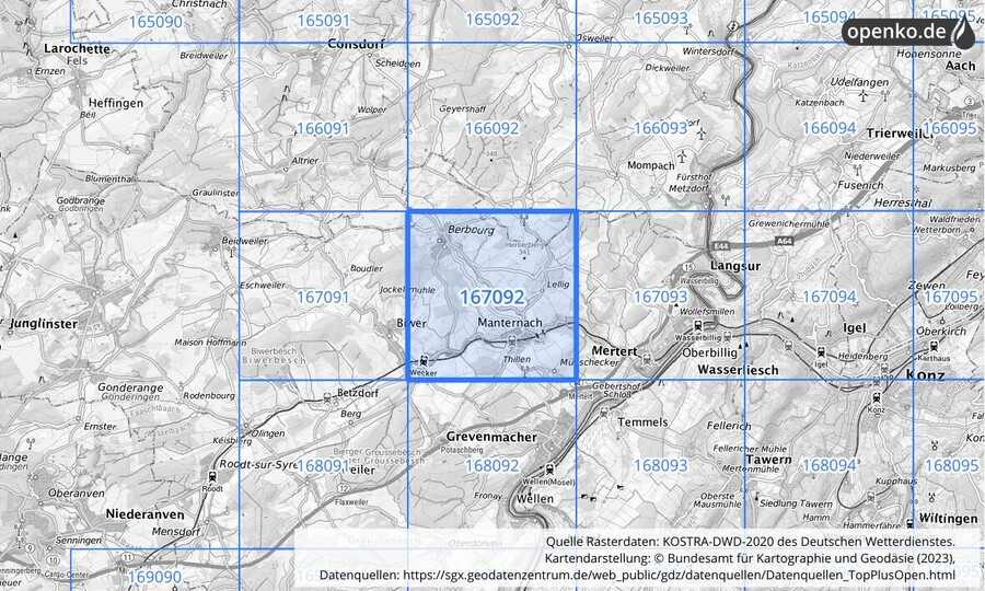 Übersichtskarte des KOSTRA-DWD-2020-Rasterfeldes Nr. 167092