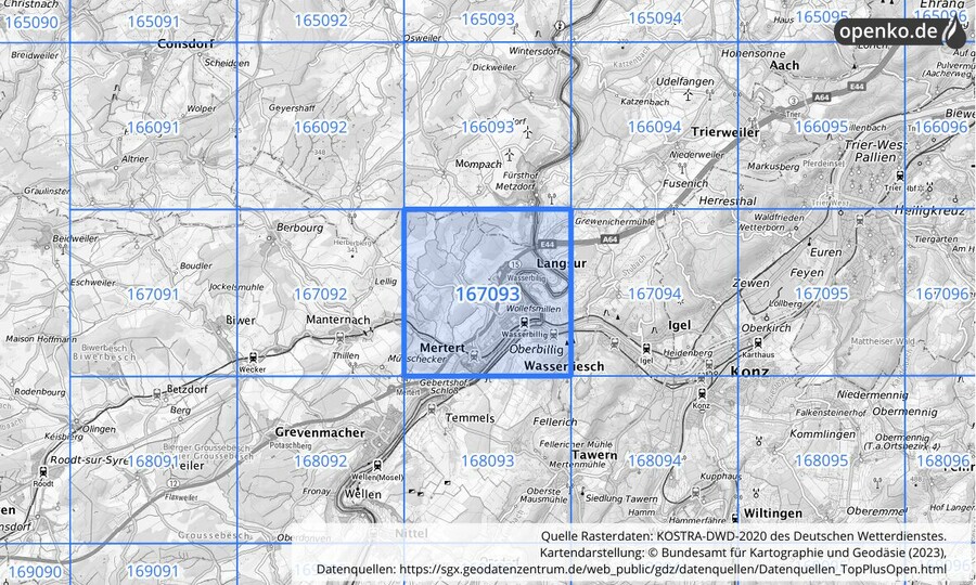 Übersichtskarte des KOSTRA-DWD-2020-Rasterfeldes Nr. 167093