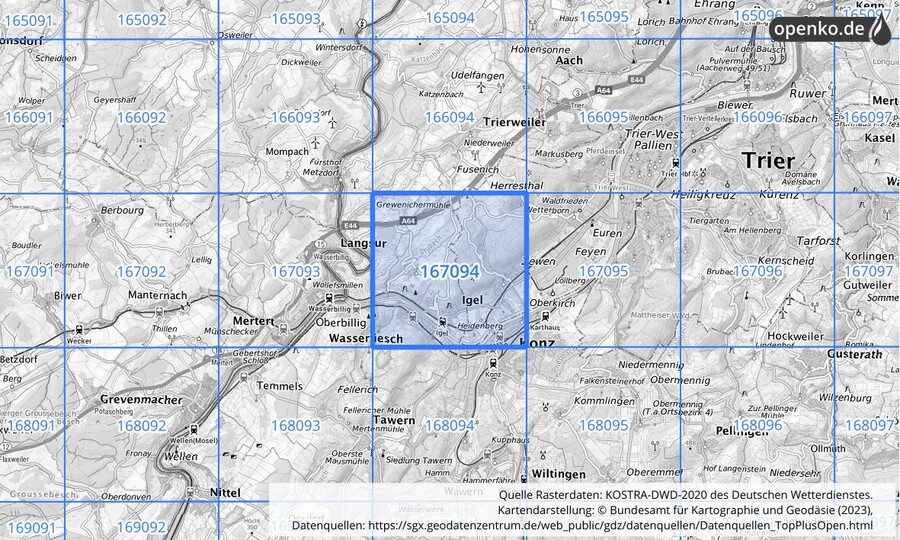 Übersichtskarte des KOSTRA-DWD-2020-Rasterfeldes Nr. 167094