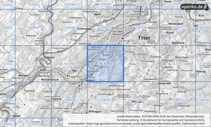 Übersichtskarte des KOSTRA-DWD-2020-Rasterfeldes Nr. 167095