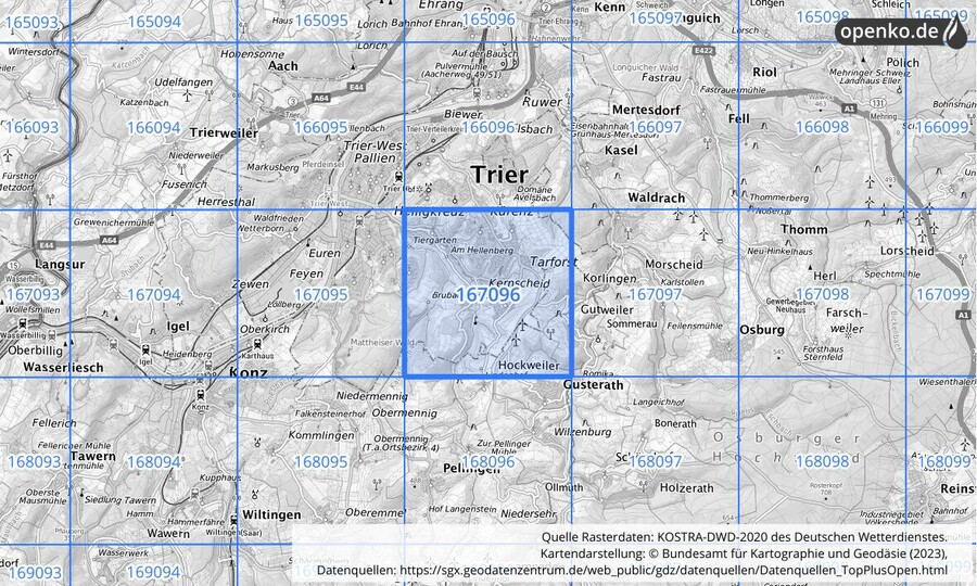 Übersichtskarte des KOSTRA-DWD-2020-Rasterfeldes Nr. 167096