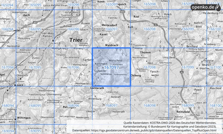 Übersichtskarte des KOSTRA-DWD-2020-Rasterfeldes Nr. 167097