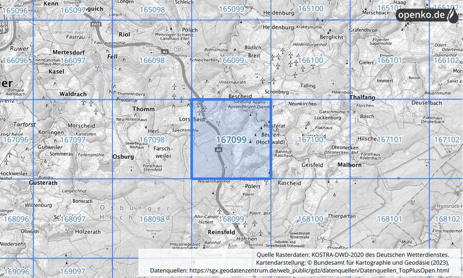 Übersichtskarte des KOSTRA-DWD-2020-Rasterfeldes Nr. 167099